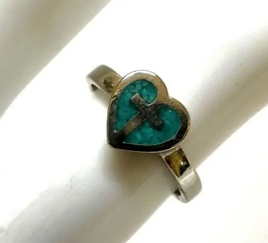 Turquoise Silver tone heart cross ring Blue