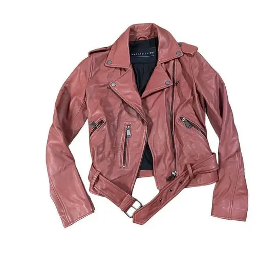 Bagatelle Women's Washed Leather Biker Moto Belted Jacket in Sunset size XS