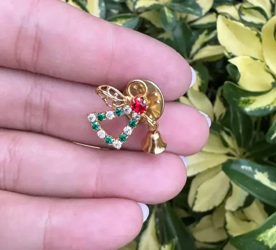 Vintage Gold Red/White/Green Rhinestone Angel w/ Bell Pin