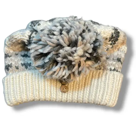 FatFace Knit Hat Pom Bobble Beanie Cuff Fair Isle Wool Holiday Vacation Cream