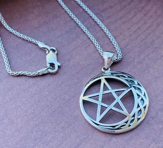 Celtic Crescent Moon And Star Sterling Silver Necklace Popcorn Chain Silver