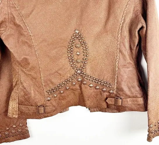 CRIPPLE CREEK Brown 100% Genuine Leather Studded Zipper Pockets Moto Jacket Size M