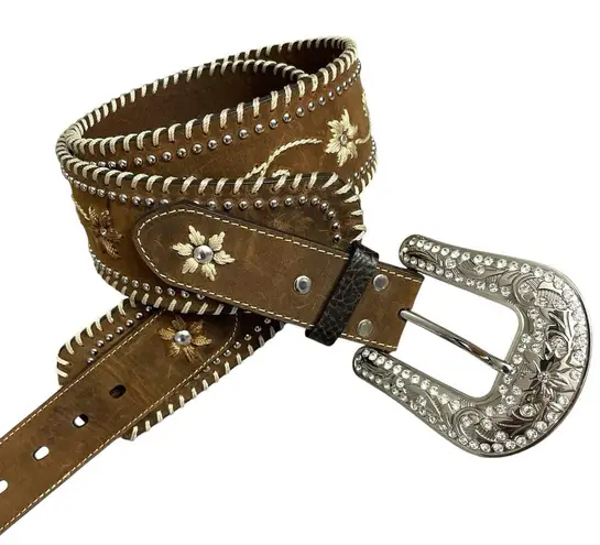 Nocona Belt Co Brown Leather Belt XL Silver Buckle Rhinestones Western Heavy