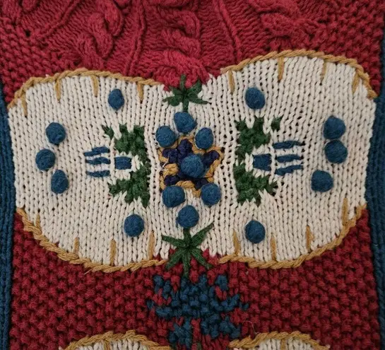 Vintage IVY Hand Knit Chunky Sweater Womens sz Small / Med Floral Funky Red