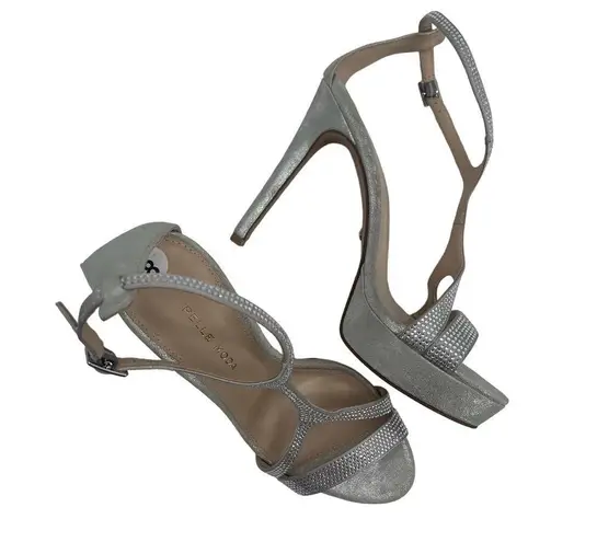 PELLE MODA Heels Size 8 Onora Platform Silver Rhinestone Crystals Strappy Ankle