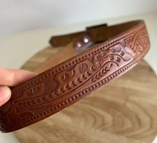 Vintage 90s Brown Tooled Genuine Leather USA Chunky Stone Buckle Belt