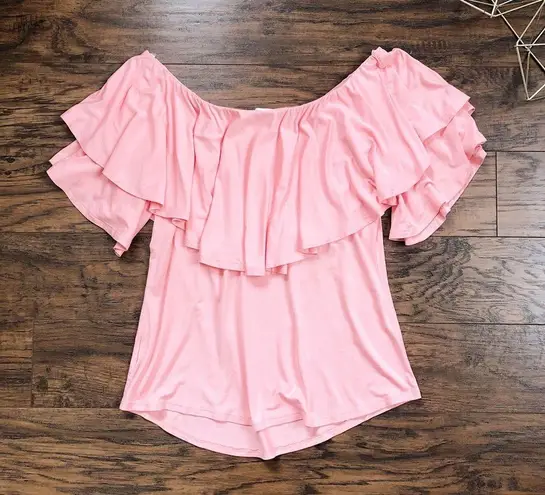 Vava by Joy Han • Addina Top ruffle flounce off shoulder jersey knit Peach