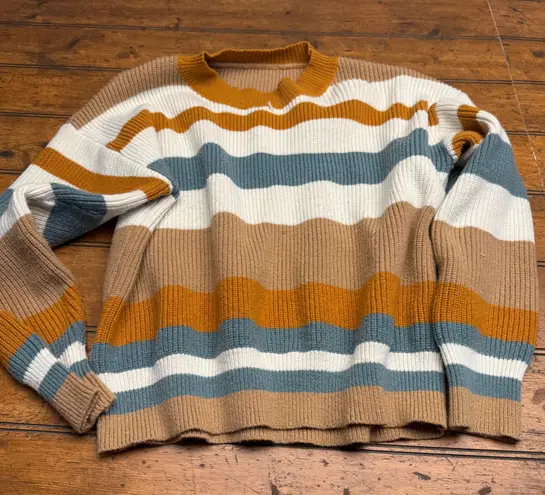 Striped Crew Neck Long Sleeve Sweater Women's Size L Mustard White Blue Tan Size L