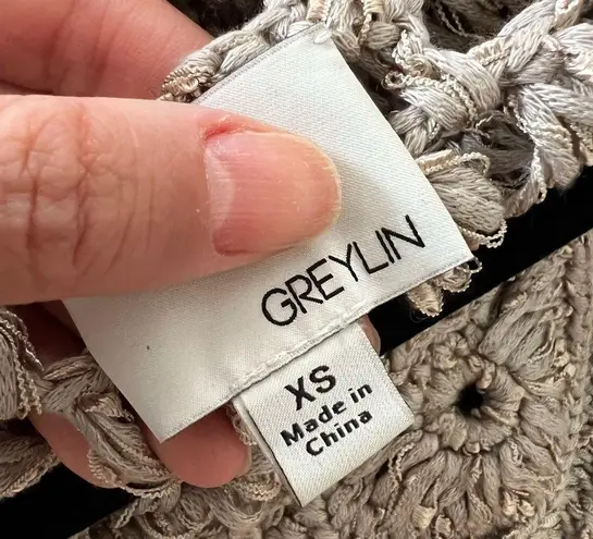 Greylin ANTHROPOLOGIE Crochet Short Sleeve Fringe Boho Taupe Top XS