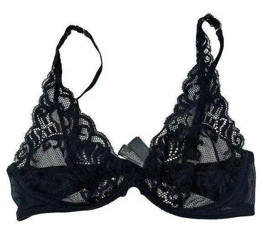 Natori  Womens Wireless Floral Feathers Scallop Lace Plunge Bra Size 32 B/C Black