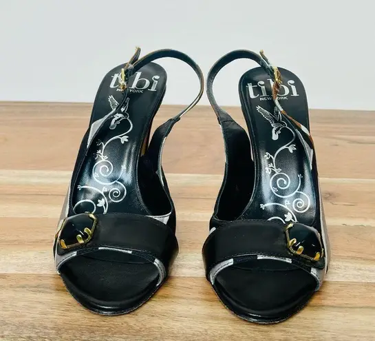 Tibi Black Print Silk Slingback Heels Sandals Shoes Size 6.5