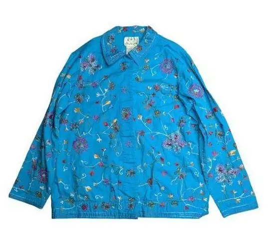 Quacker Factory Vtg Y2K Blue Floral Butterfly Embroidered Beaded Cotton Jacket S