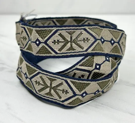 Womens Geometric Embroidered Woven Ribbon D Ring Belt Navy Beige Large (L) ✨ Green