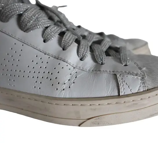 P448 John White Leather Grey Pony Hair Silver Metallic Low Top Sneakers