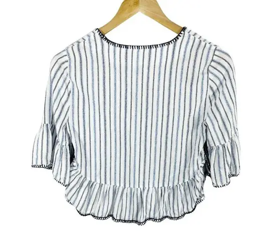 BCBGMAXAZRIA  Blue Striped Ruffle Cropped Blouse Sz XXS Short Sleeved V-neck