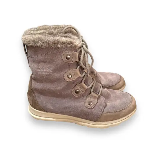 Sorel Joan Explorer Shearling Faux Fur Lace Up Gray Leather Booties Sz 9