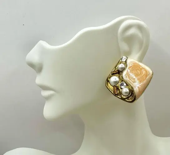 Square faux pearl rhinestone peach earrings Orange