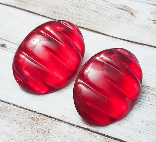 Vintage Clip On Earrings Red Large Oval (One A Bit Smaller Than The Other)