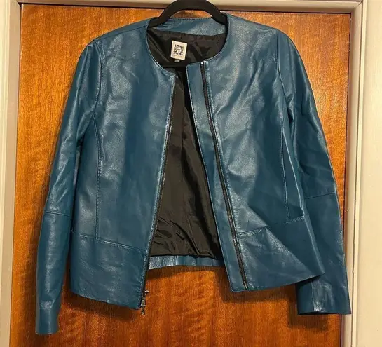 Anne Klein  Women's Leather Zip Front Jacket Dark Teal Green Size 6 Mid-Length