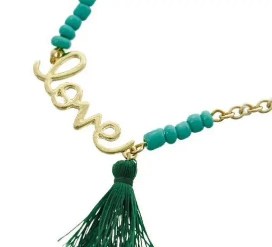 GOLD TONE GREEN BEAD LOVE TASSEL CHARM NECKLACE