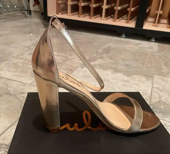 Lulu's Gold Ankle Strap Heels with Platform Sole Size 8.5