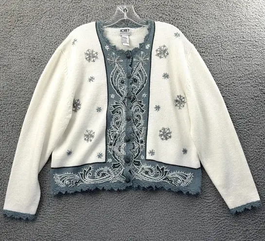 Vintage Koret Knit Cardigan Sweater Snowflakes Holiday Sequin Embroidered W LP White Size undefined