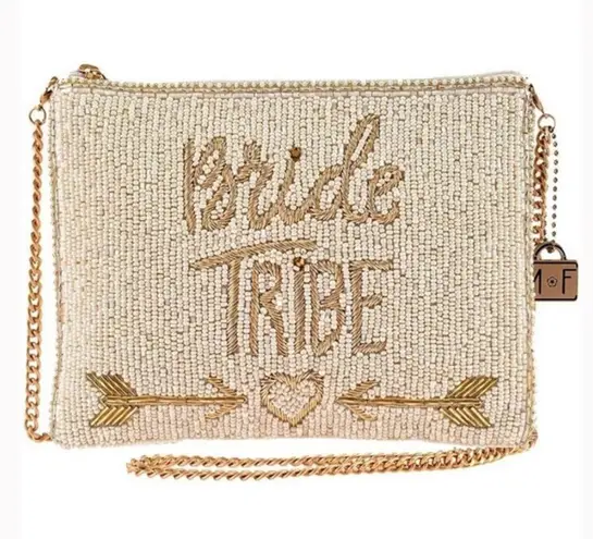 NWT Mary Francis Creme and Gold Beaded Bride Tribe Clutch Bag