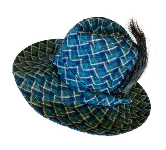 VINTAGE 1960'S BLUE & GREEN & PATTERN FEDORA HAT WITH DECORATIONS