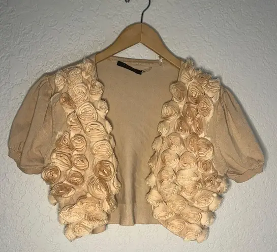 Cyrus Sweater Shrug Open Crop Cardigan Tan 3D Flower Rosettes Boho Indie Medium