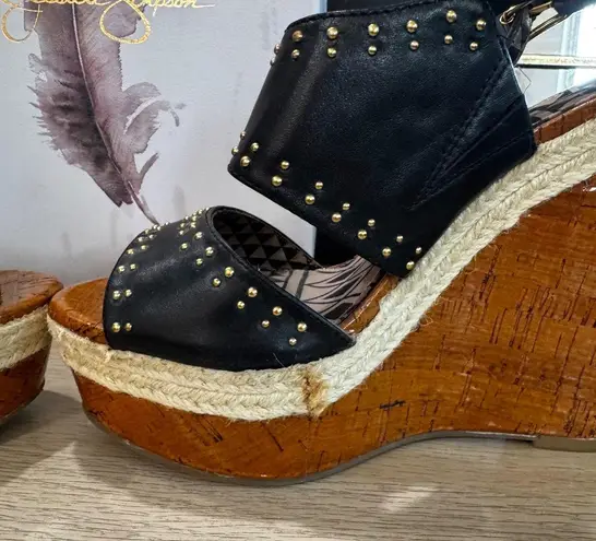 Jessica Simpson  Women's Black Faux Leather Stood Wedge Sandals Size 7.5M