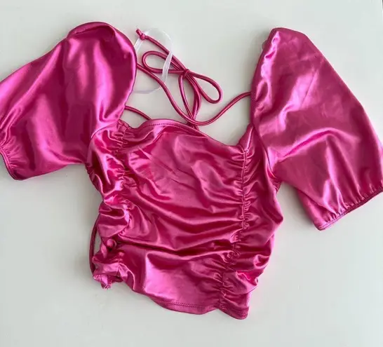 Popular 21 NEW Hot pink metallic barbie lace up crop top