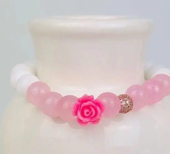 GEMSTONE Rose Quartz White Jade Beaded Bracelet Pink