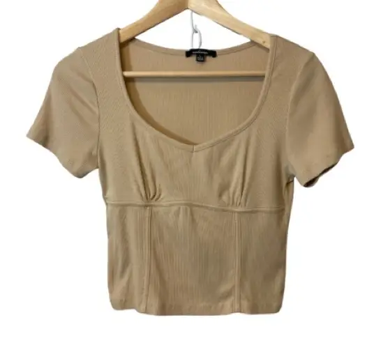 Ambiance Tan Light Brown Ribbed Lined Short Sleeve Scoop Neck Cropped Crop Top Size L