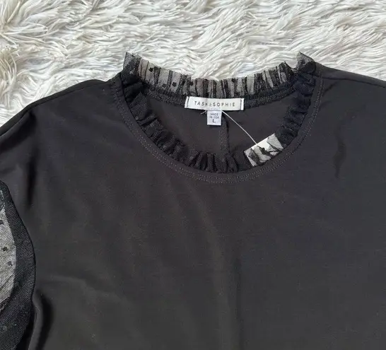 NWT Tash + Sophie Black Sheath Stretch Dress Swiss Dot Mesh Long Sleeves Sz LRG