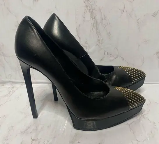 Saint Laurent  Heels Black Stiletto Studded Cap Toe Platform Pumps Size 38.5