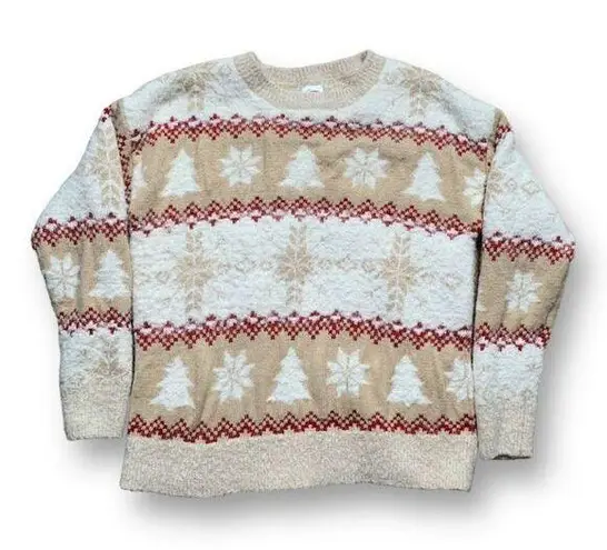 Holiday Time  Sweater Neutral Knit Pullover Cream Tan Snowflake Tree Fair Isle