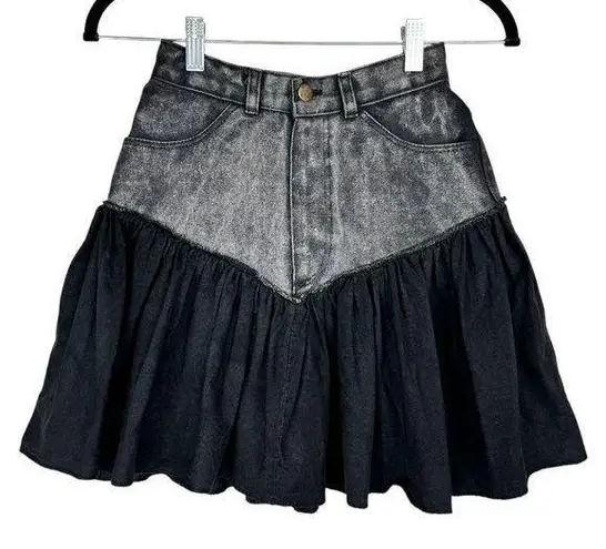 Vtg Y2K Denim Pleated Mini Skirt Sz 0 Mixed Media Grunge Streetwear Black