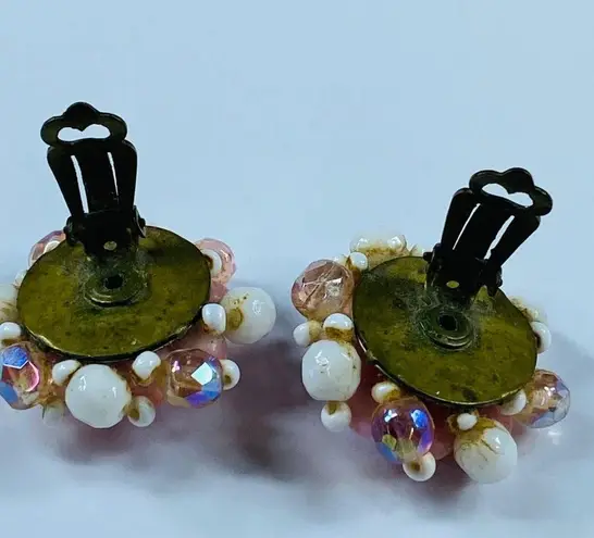 Vintage Western Germany Beaded Cluster Clip on Earrings Pink Shades White Luster