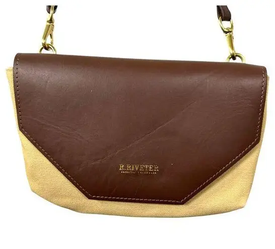 R. Riveter Patton Canvas Leather Beige Brown Crossbody Purse Handbag
