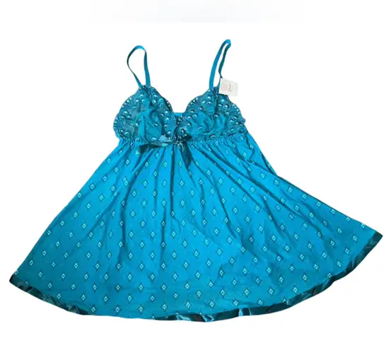 NOS Spree Intimates Plus Size Teal Sheer Sequin Lace Lingerie Mini Slip Dress Blue