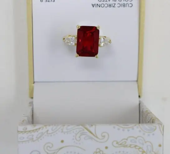 Charter Club Emerald Cut Red Crystal Gold Plated CZ Ring 9