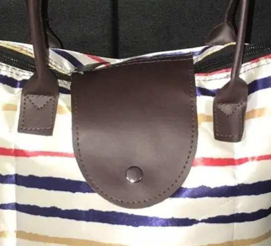 BLUE RED YELLOW CREAM STRIPED FOLDING HANDBAG / TOTE 11X15X5