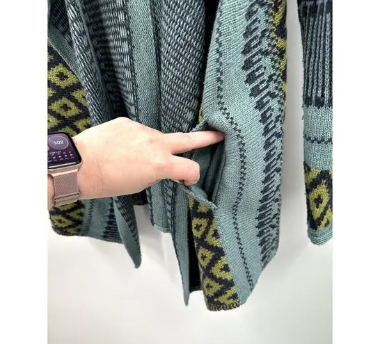 J. Jill Alpaca Wool Tribal Knit Sweater Fair Isle Open Front Cardigan Jacket XS Blue