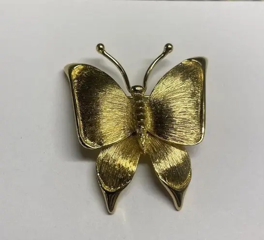 Monet Signed Costume Brooch Pin - Textured Gold Tone Butterfly Insect