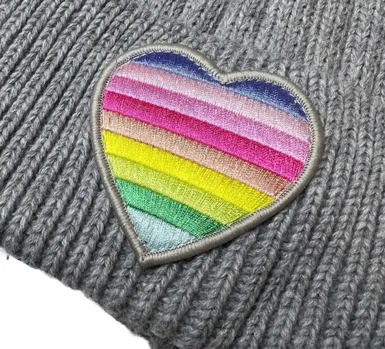 AQUA  Grey Ribbed Beanie Rainbow Heart Patch New