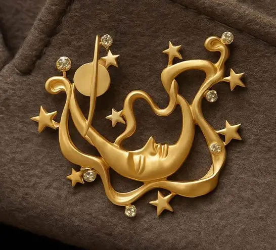 Retro Matte Gold Celestial Brooch Moon Star Face Pin Surreal Art Deco Jewelry