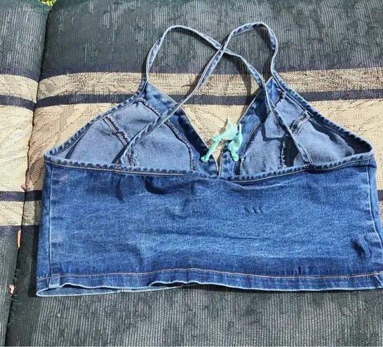 Rory Denim Lace Up Front Crop Top L Blue Size L