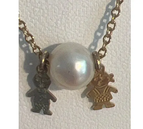 Vintage Gold Tone Chain Necklace Pearl Bead Boy Girl Etched Charms Choker Collar