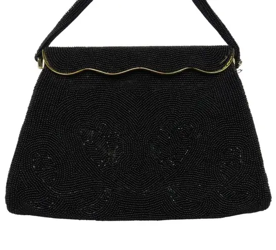 S&T 1950s Vintage Handbag Black Beaded Clutch Bag Purse Hand Beaded New York