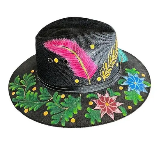 HAT MEXICAN Artisanal Hand Painted Fedora Floral Sombrero Panama Bohemian Black